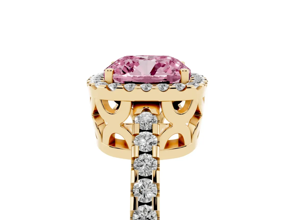 Fancy Pink Cushion Cut Diamond Halo Engagement Ring with Pavé Band and Prong Setting Yellow gold