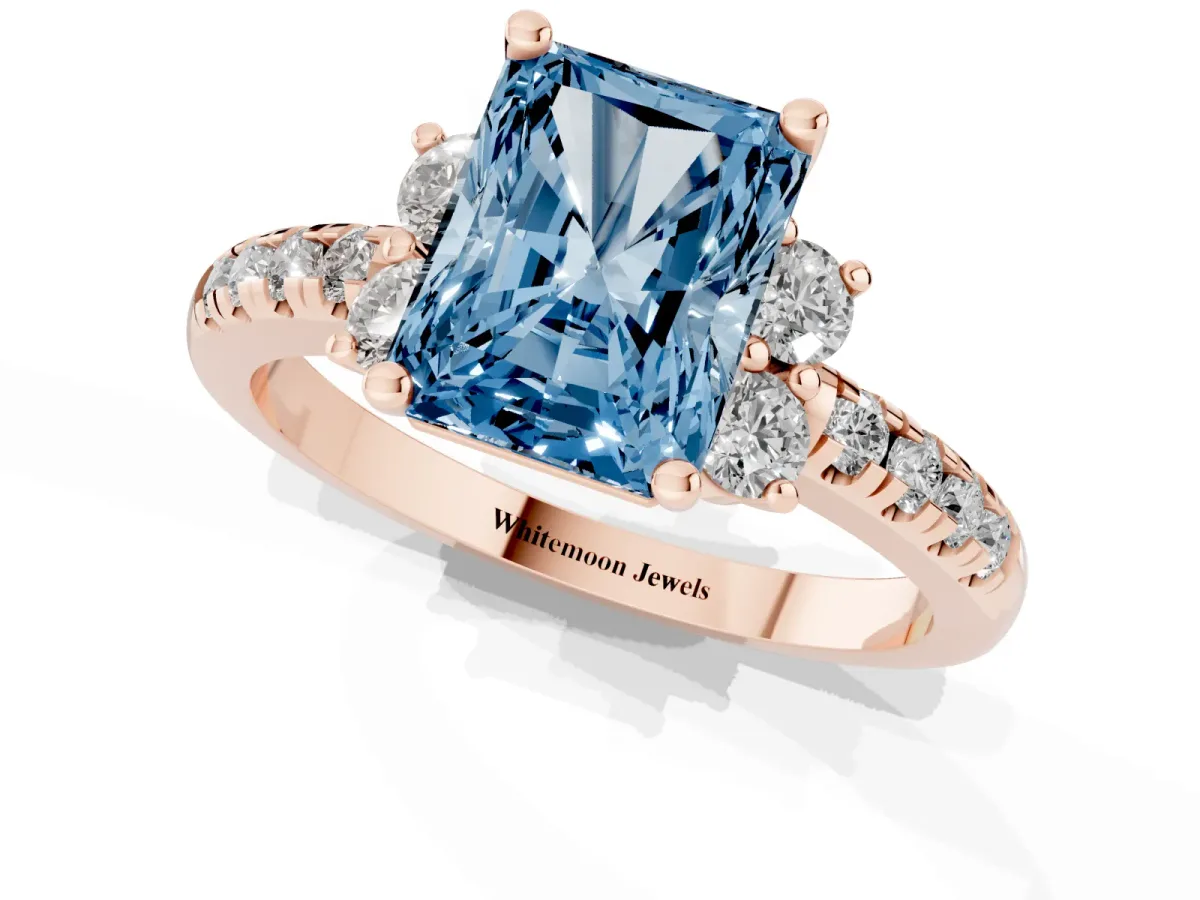 Fancy Blue Radiant Cut Diamond Three-Stone Pave Band with Four-Prong Setting Rose gold