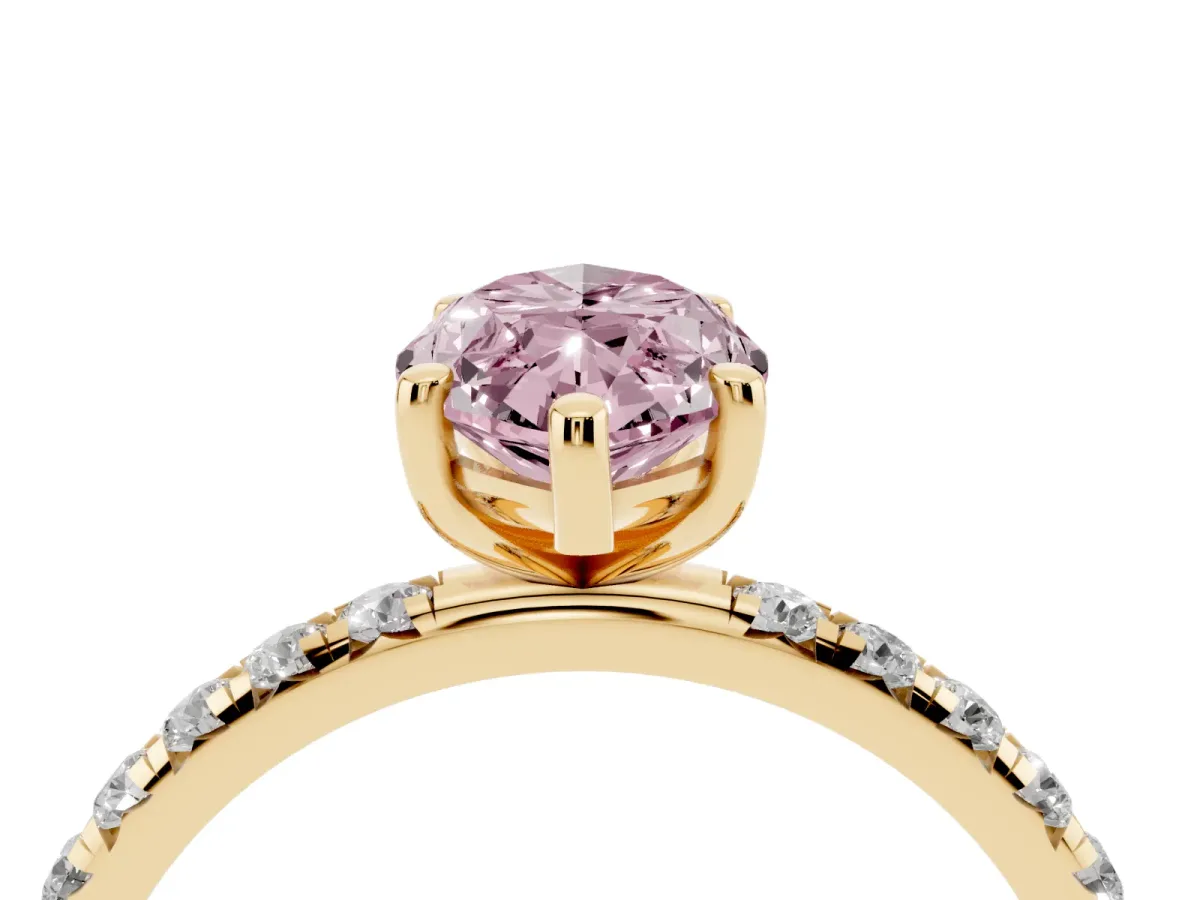 Fancy Pink Marquise Cut Cut Diamond Solitaire Ring with Micro Pave Band and Four Prong Setting Yellow gold
