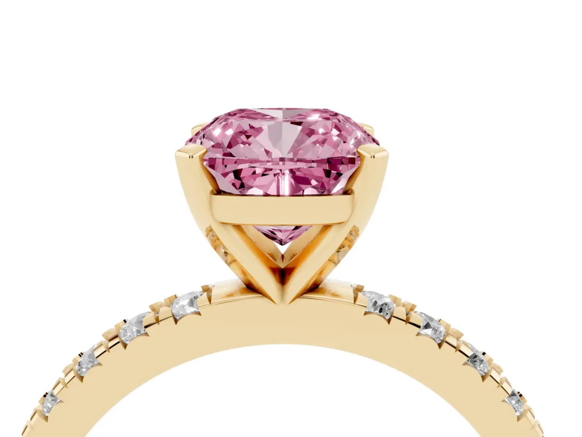 Fancy Pink Cushion Cut Diamond Pavé Band Solitaire with Four-Prong Setting Yellow gold
