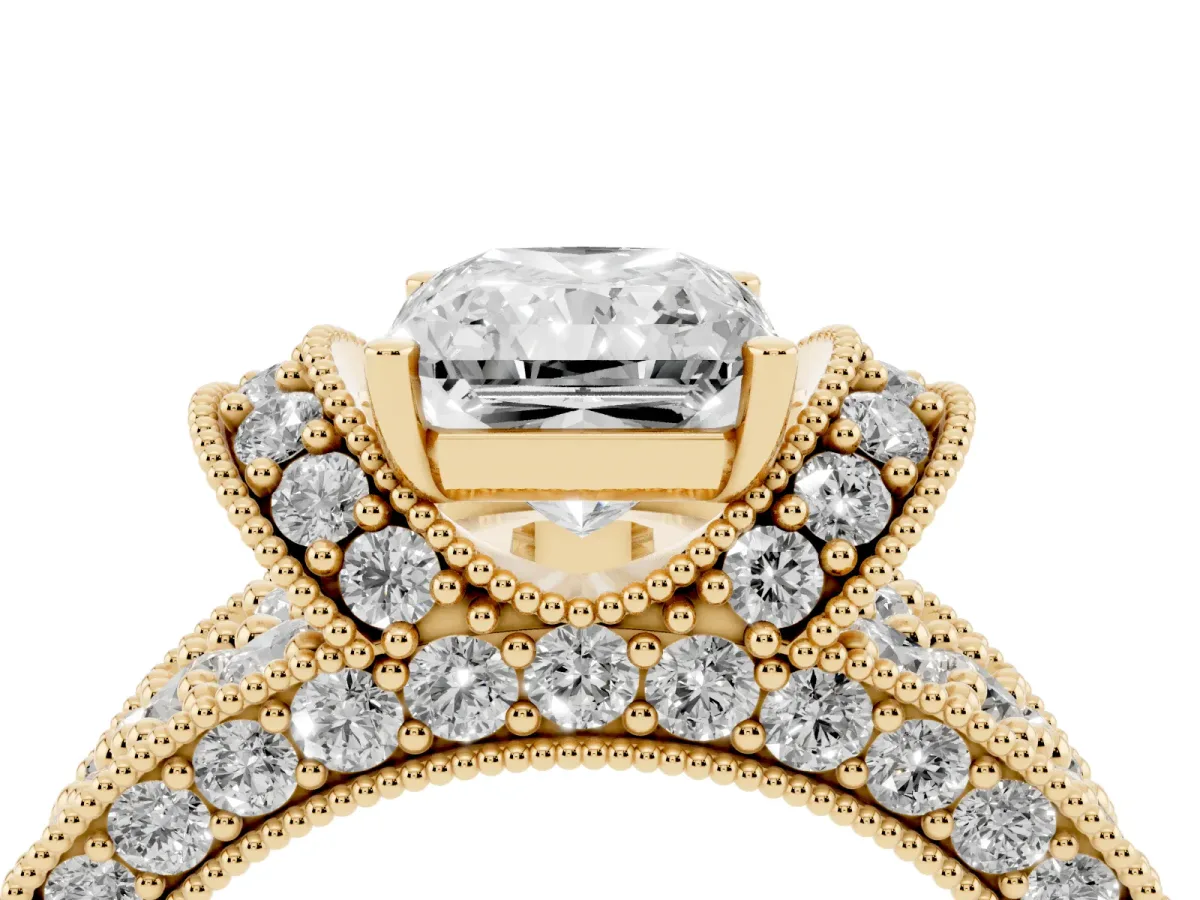 Radiant Cut Halo Pave Diamond Engagement Ring with Milgrain Detailing Yellow gold