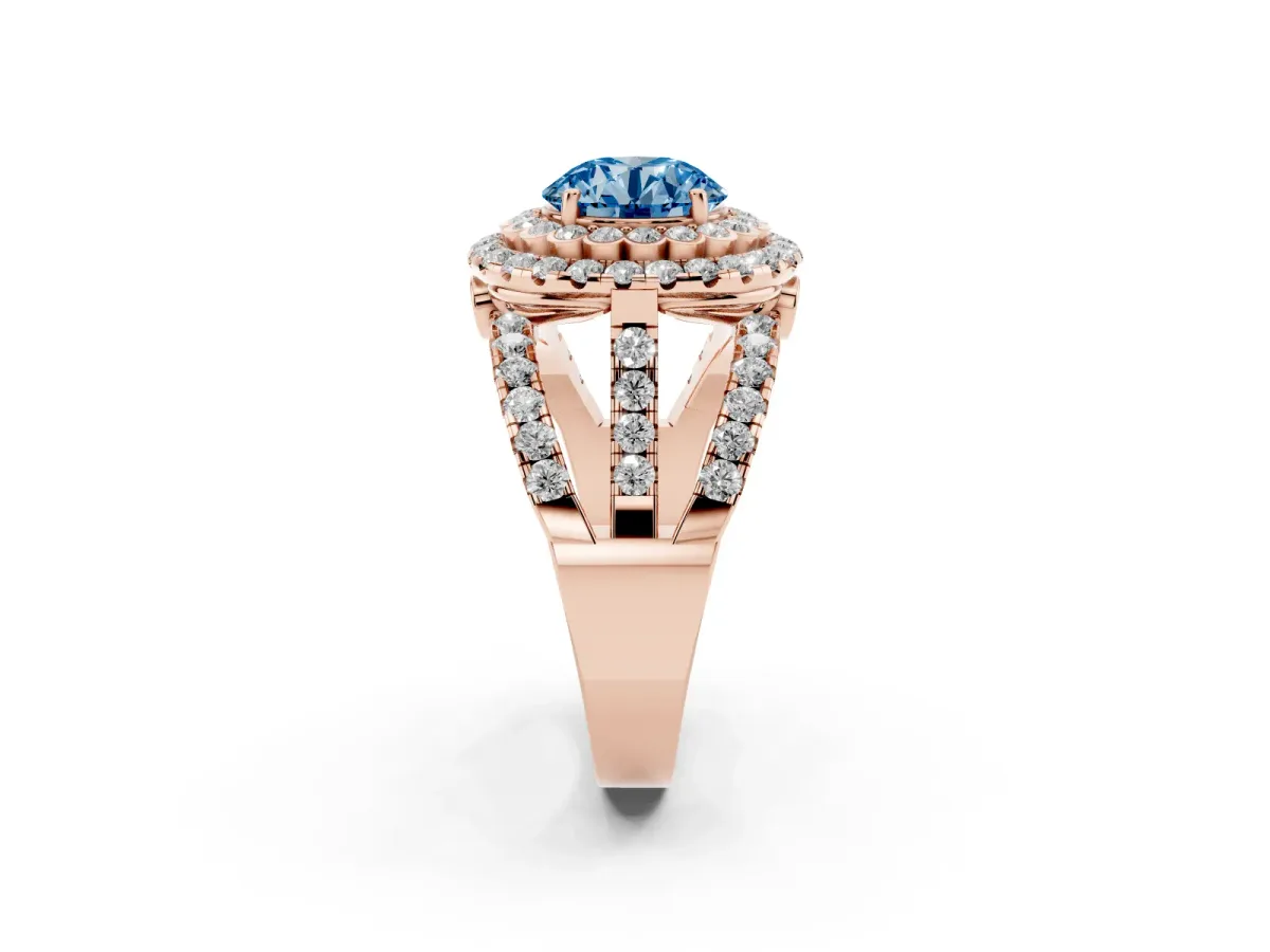 Fancy Blue Round Cut Diamond Double Halo Ring with Round Pavé Split Shank and Prong Setting Rose gold