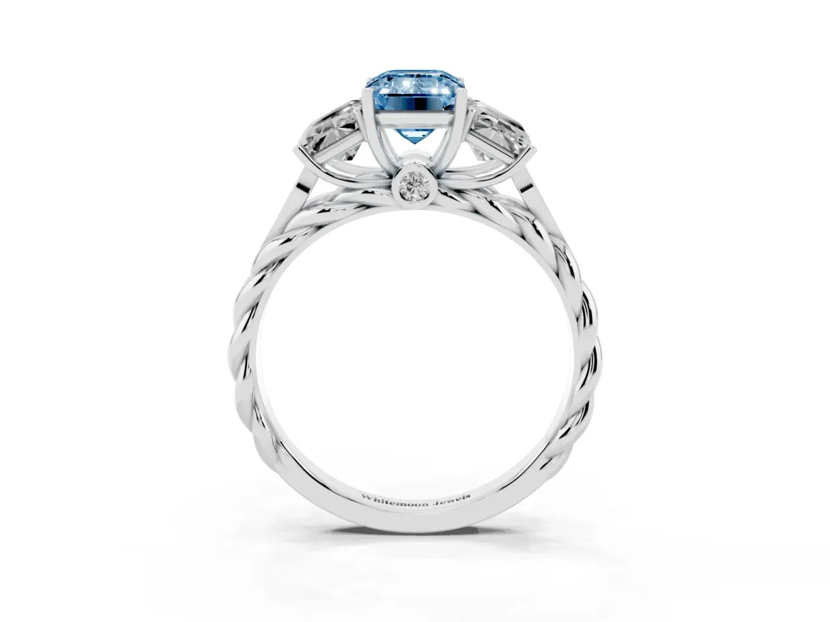 Fancy Blue Three-Stone Radiant Cut Diamond Braided Band Ring with Four-Prong Setting Platinum
