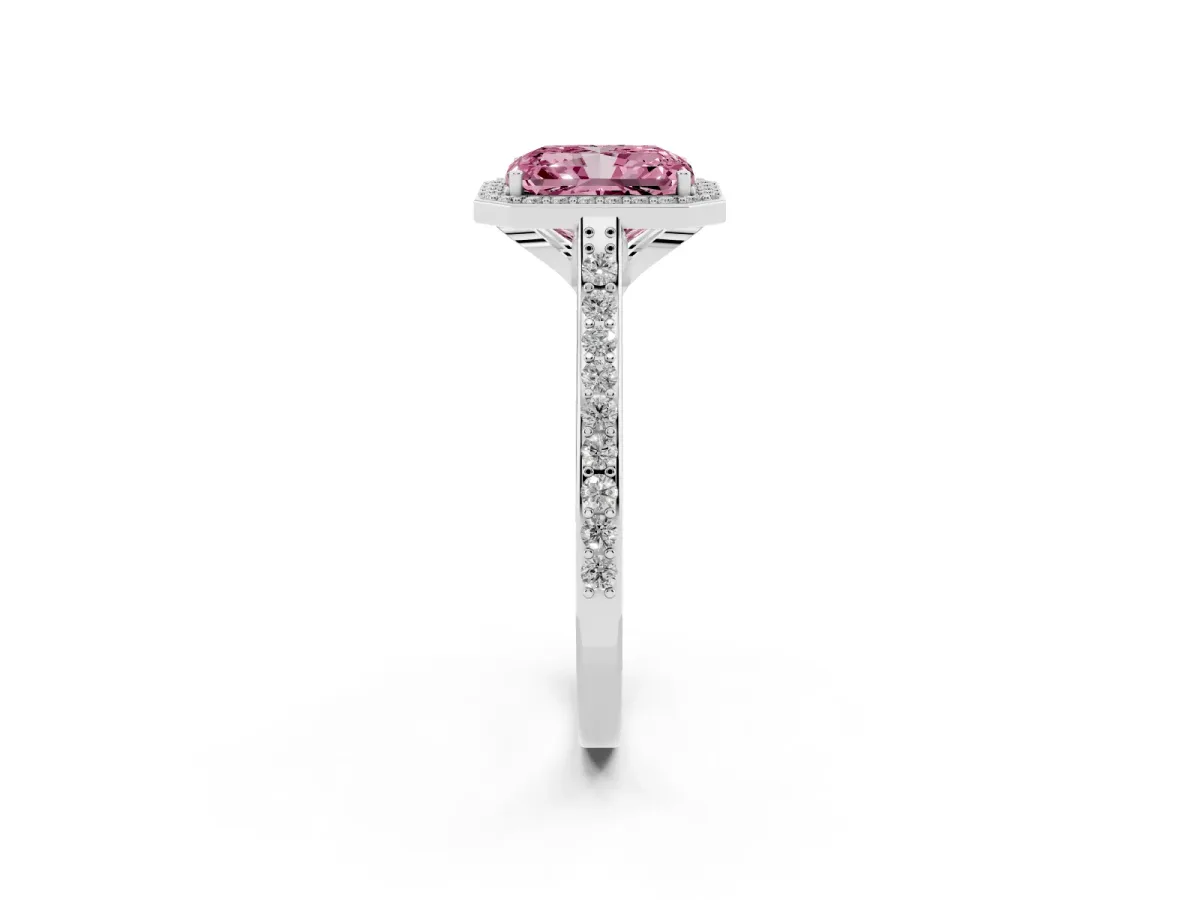 Fancy Pink Radiant Cut Diamond Halo Engagement Ring with Round Pavé Shoulders and Prong Setting Platinum