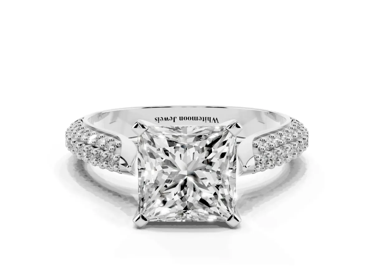 Princess Cut Diamond Solitaire Engagement Ring with Multi-Row Round Pavé Band and Prong Setting Silver