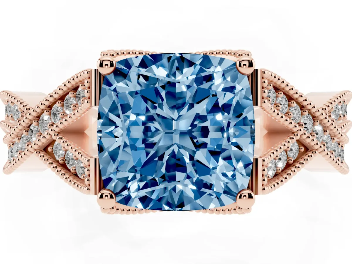 Fancy Blue Cushion Cut Cut Diamond Twisted Band with Milgrain Pave Setting and Four-Prong Setting Rose gold