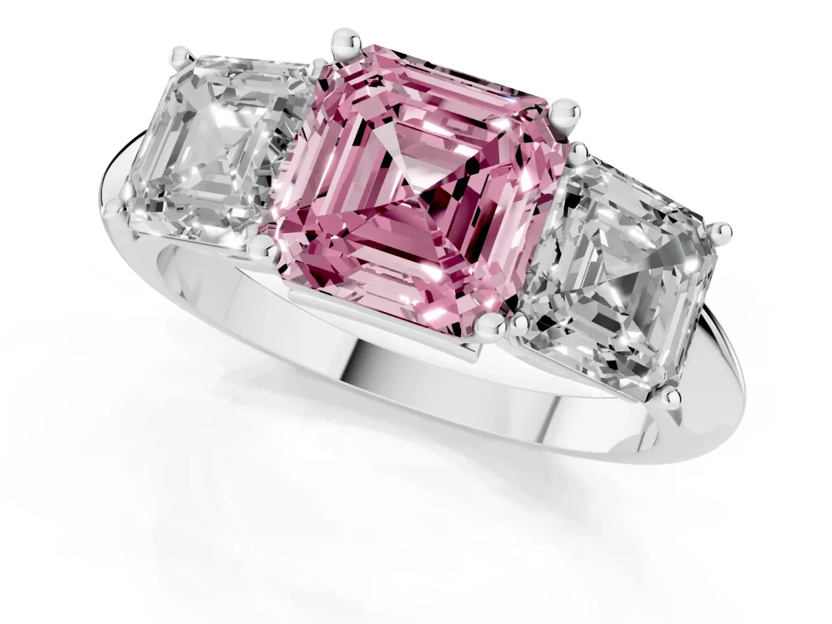 Fancy Pink Three-Stone Asscher Cut Cut Diamond Engagement Ring with Prong Setting on a White Gold Band Platinum