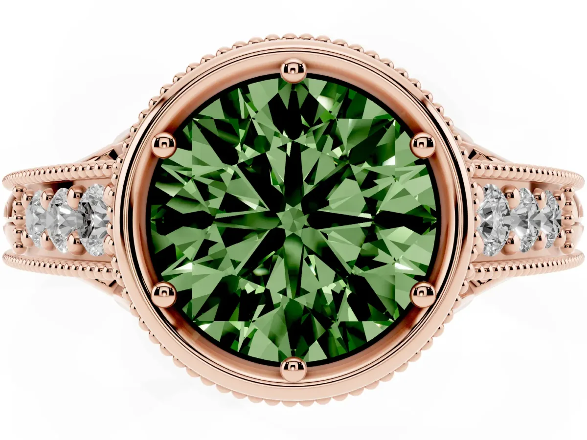 Fancy Green Bezel Set Round Cut Diamond Milgrain Pave Engagement Ring Rose gold
