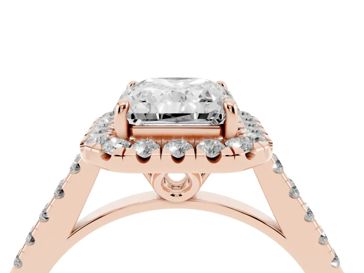 Radiant Cut Halo Pavé Diamond Engagement Ring with Four-Prong Setting Rose gold