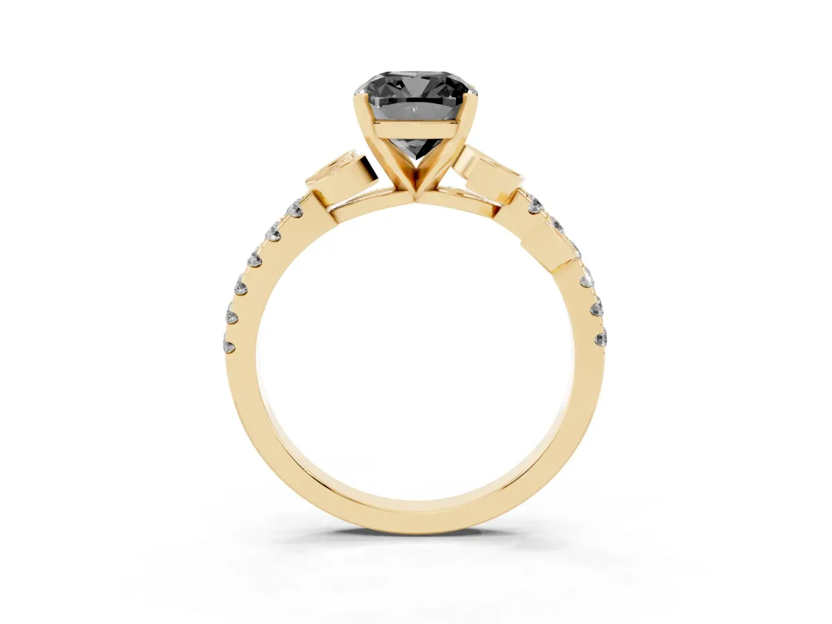 Fancy Black Cushion Cut Solitaire Leaf-Inspired Diamond Ring with Pavé Band and Four-Prong Setting Yellow gold