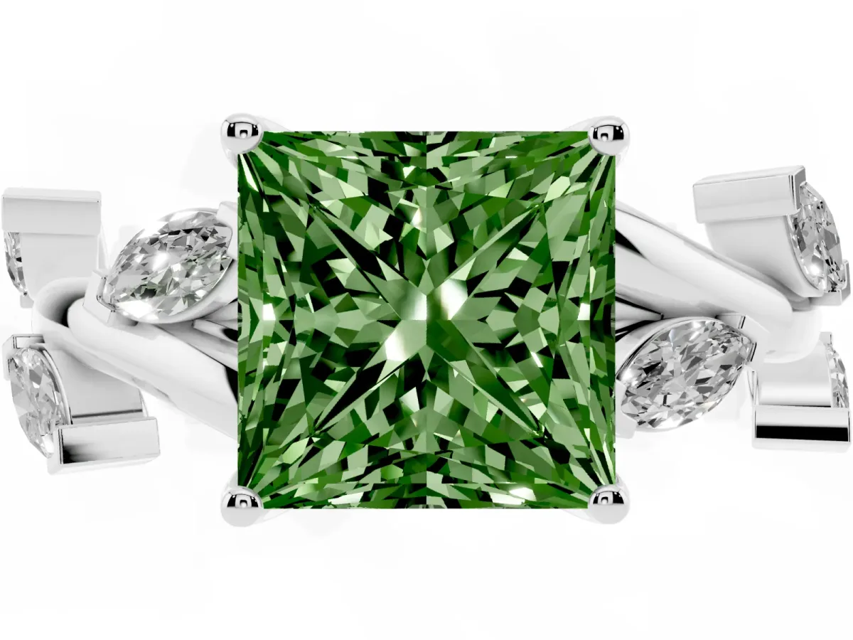 Fancy Green Princess Cut Solitaire Twisted Band Marquise Accent Prong Setting Ring Silver