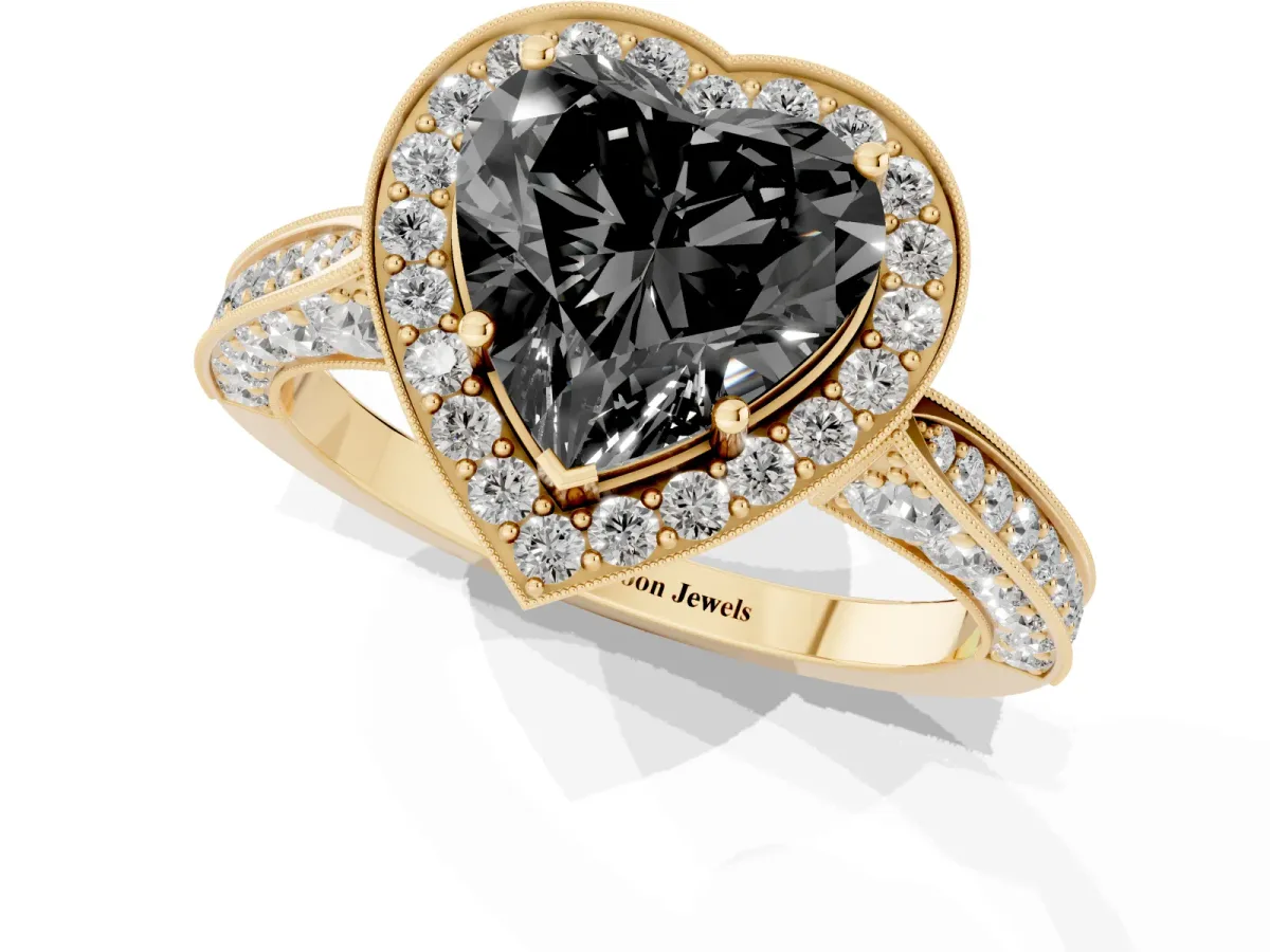 Fancy Black Heart Cut Halo Diamond Engagement Ring with Split Shank Band and Four-Prong Setting Yellow gold