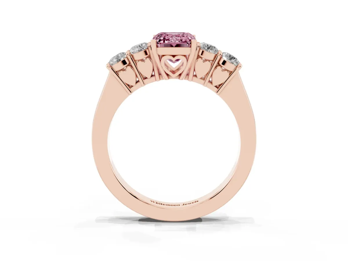 Fancy Pink Emerald Cut Cut Diamond Five-Stone Prong Set White Gold Ring Rose gold