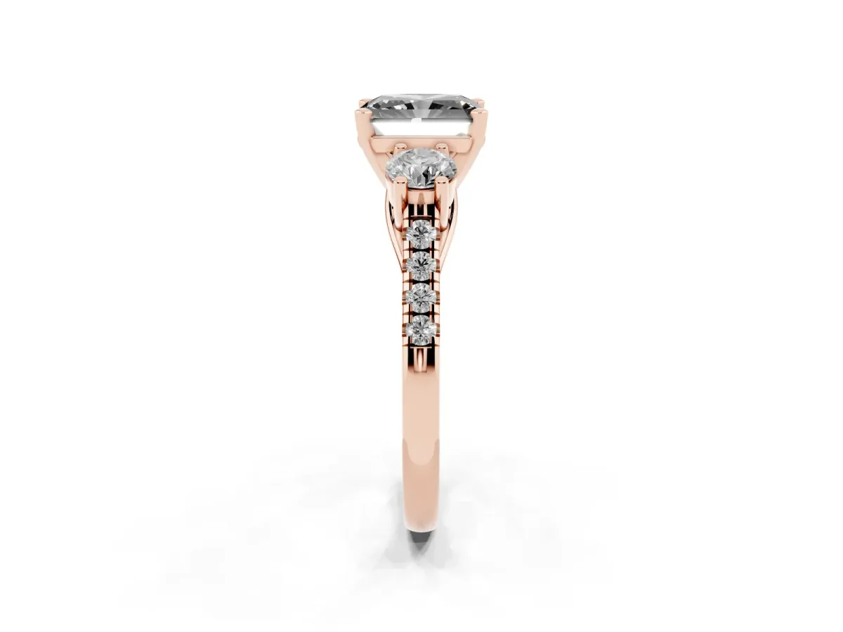 Fancy Black Three-Stone Radiant Cut Diamond Pavé Band with Four-Prong Setting Rose gold