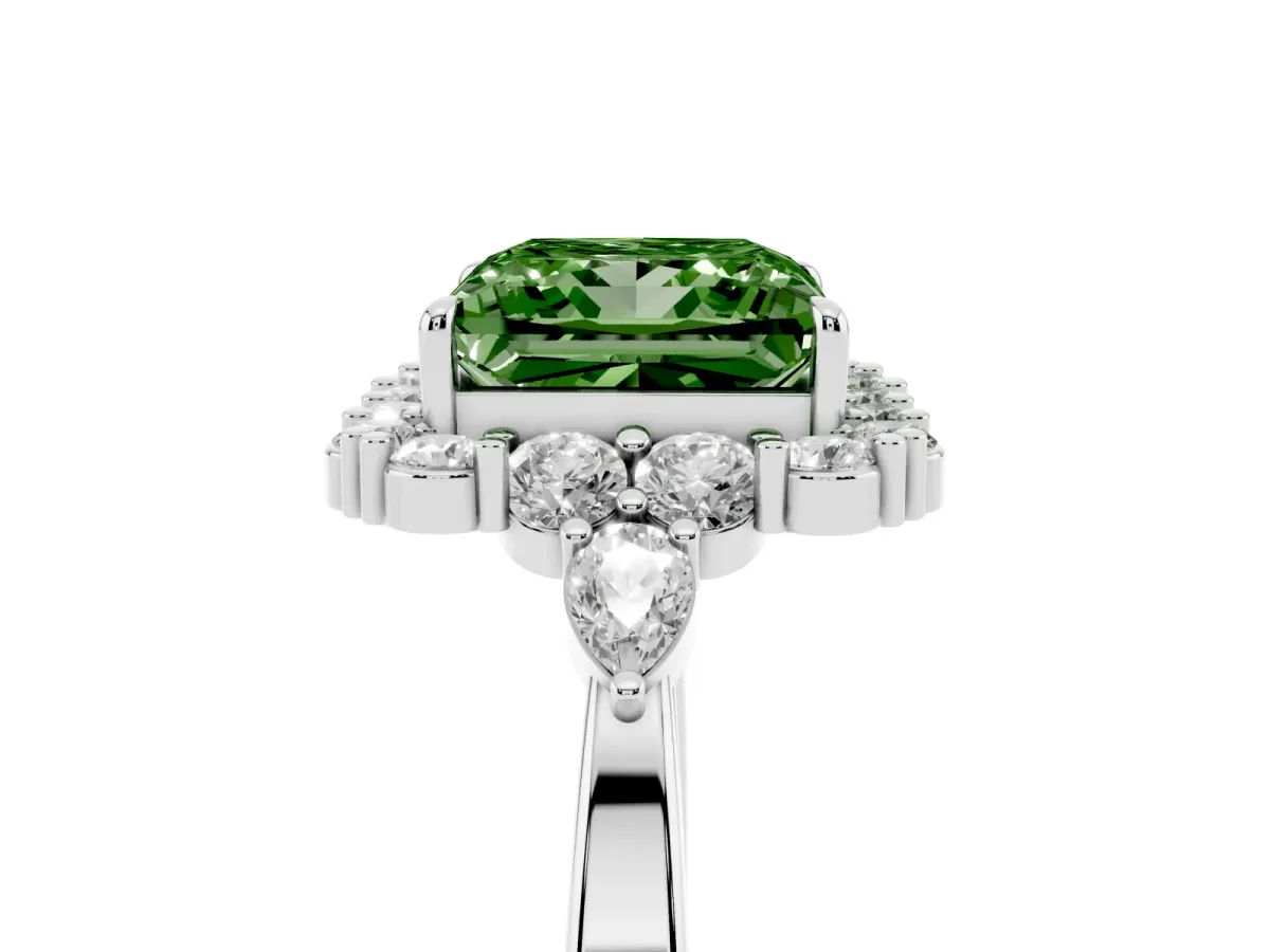 Fancy Green Princess Cut Diamond Halo Ring with Pear Side Stones and Prong Setting Silver