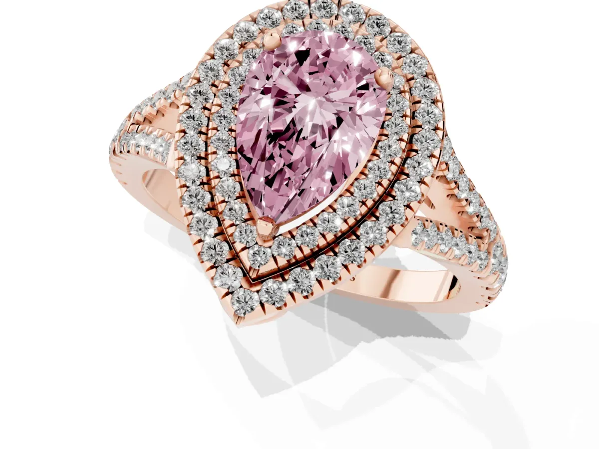 Fancy Pink Pear Cut Diamond Double Halo Ring with Pavé Band and Prong Setting Rose gold
