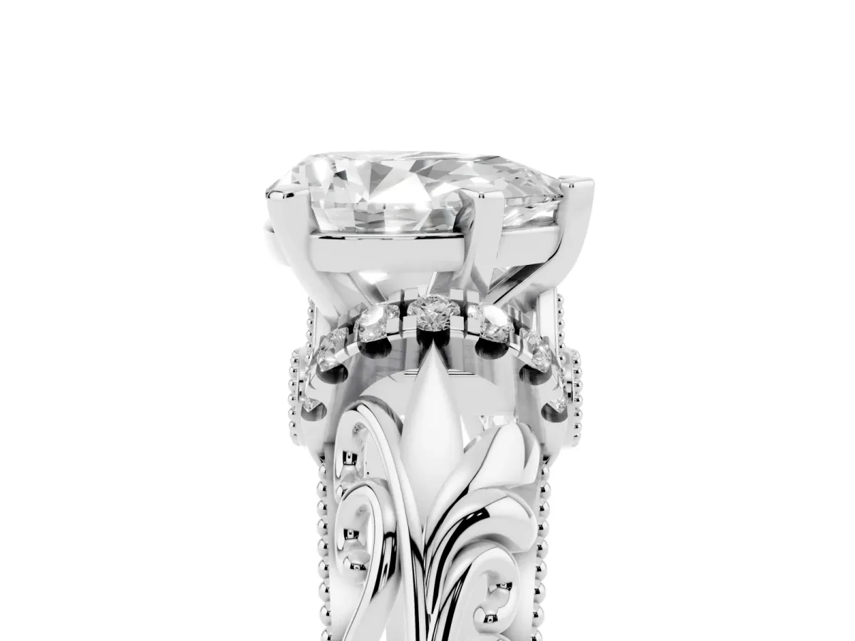 Pear Cut Solitaire Filigree Engagement Ring with Halo and Prong Setting Silver