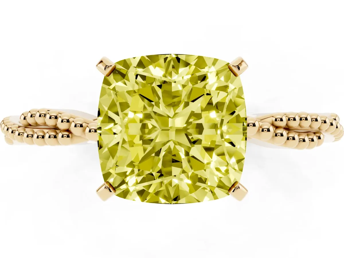 Fancy Yellow Cushion Cut Solitaire Twisted Band with Bead Prong Setting Yellow gold