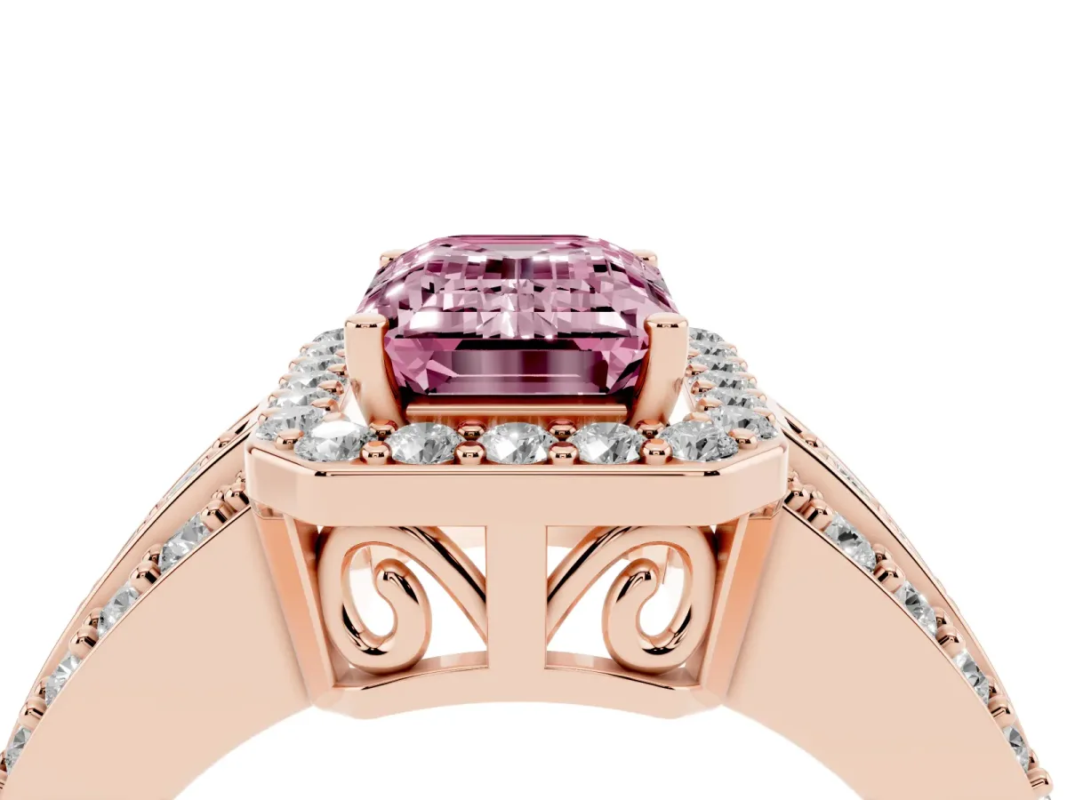 Fancy Pink Emerald Cut Halo Diamond Ring with Round Split Shank and Prong Setting Rose gold