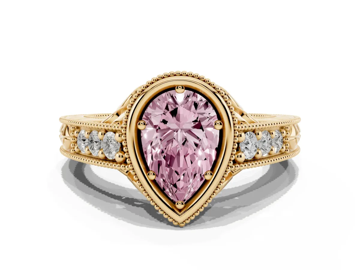 Fancy Pink Bezel Set Pear Cut Diamond Milgrain Pave Engagement Ring Yellow gold