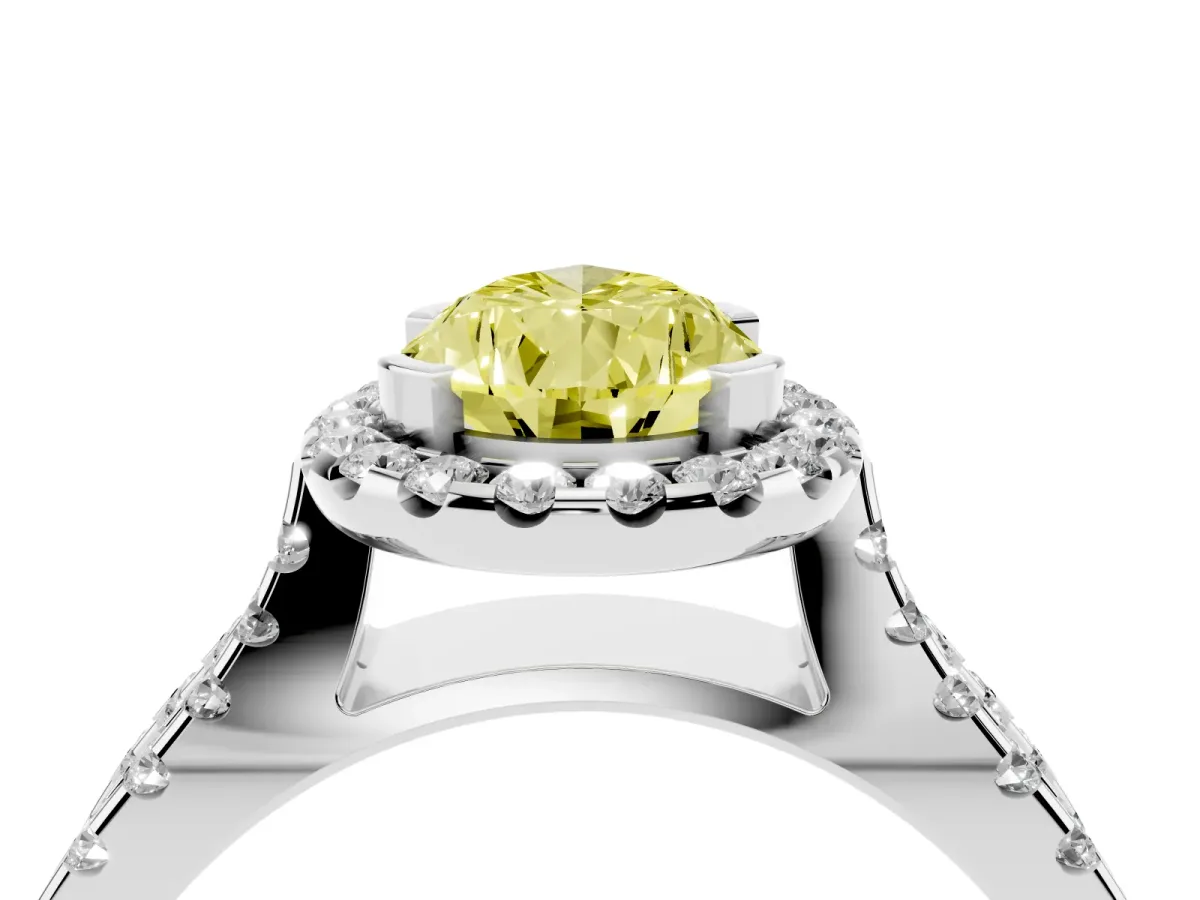 Fancy Yellow Pear Cut Diamond Halo Ring with Split Shank Pavé Band and Prong Setting Silver