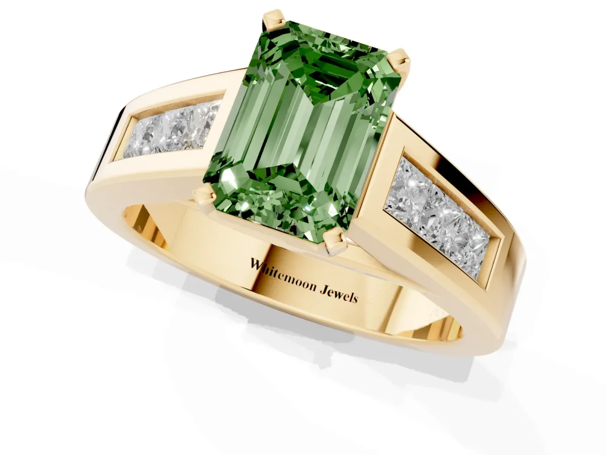 Fancy Green Emerald Cut Cut Channel Set Solitaire Ring with Four-Prong Setting Yellow gold