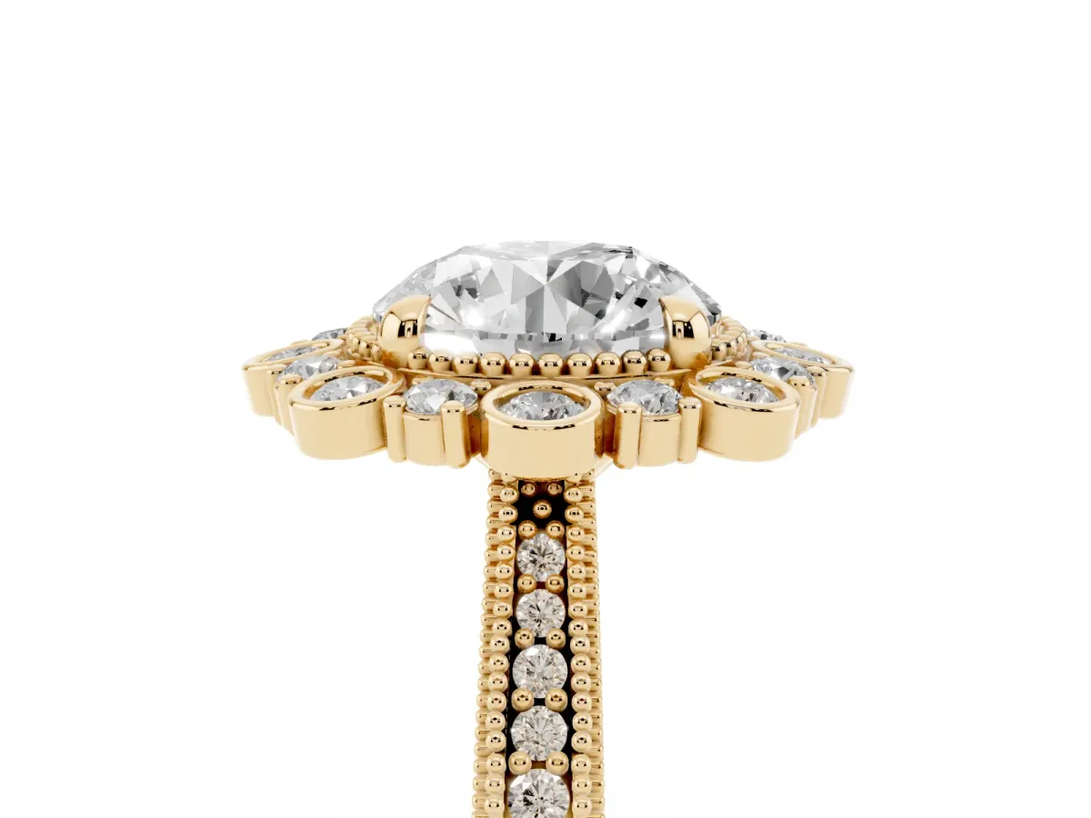 Round Cut Halo Milgrain Pave Diamond Ring with Four-Prong Setting Yellow gold