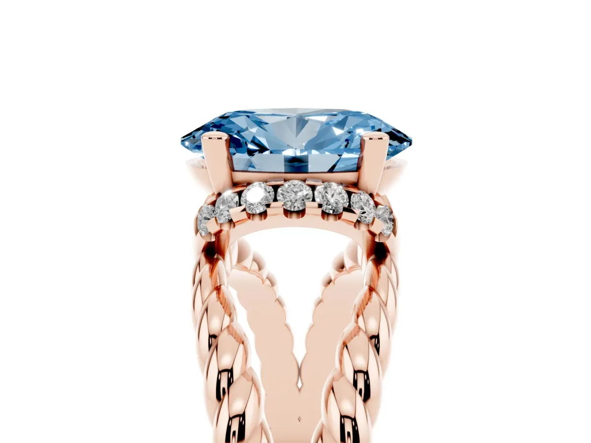 Fancy Blue Oval Cut Halo Twisted Band Four-Prong Ring Rose gold