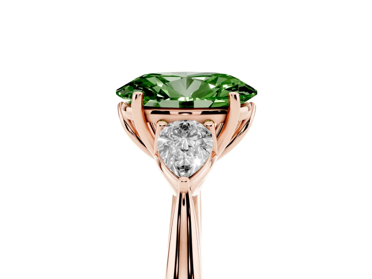Fancy Green Oval Cut Diamond Three-Stone Ring with Pear Side Stones and Prong Setting Rose gold