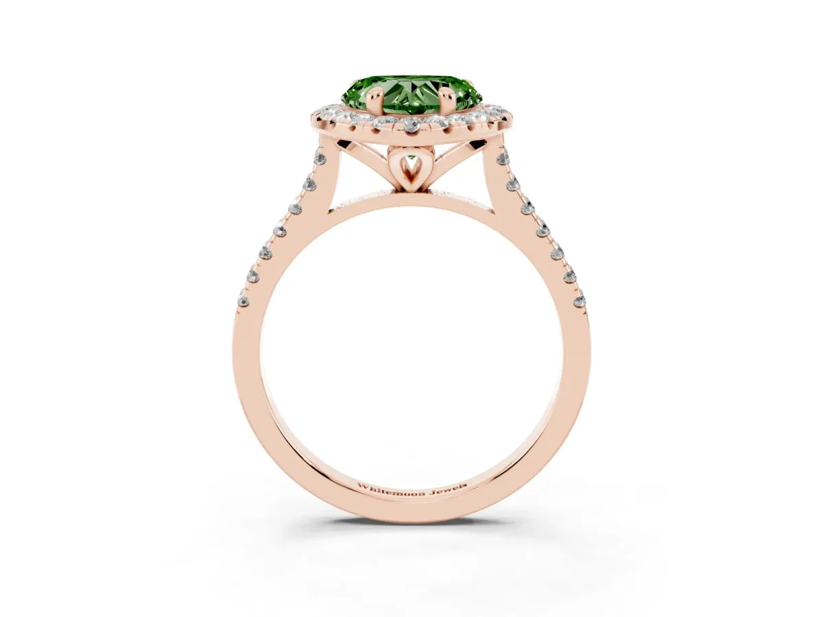 Fancy Green Heart Cut Diamond Cushion Halo Ring with Pavé Band Rose gold
