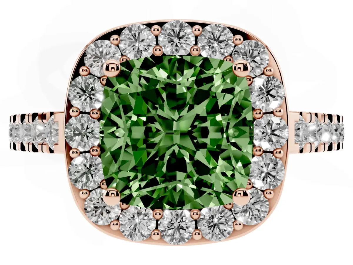 Fancy Green Cushion Cut Diamond Halo Ring with Round Pavé Split Shank and Prong Setting Rose gold