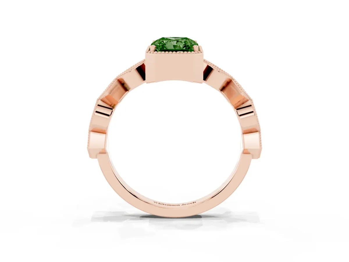 Fancy Green Radiant Cut Milgrain Marquise Diamond Twist Band Ring Rose gold