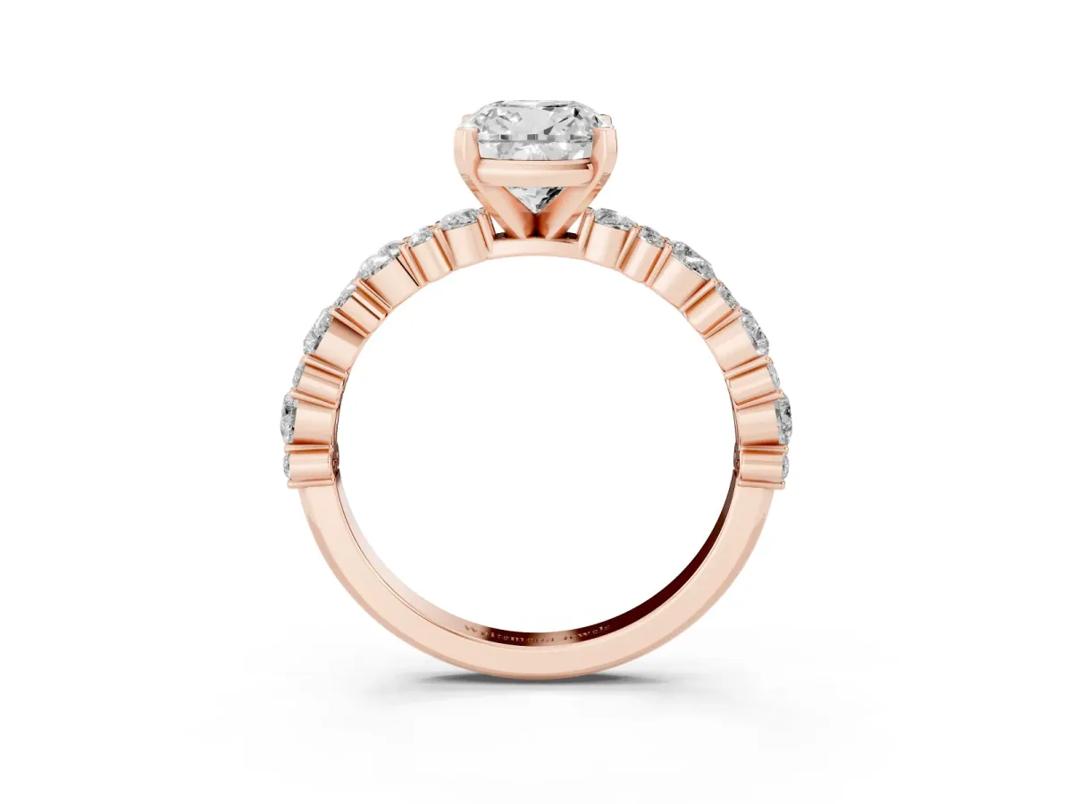 Cushion Cut Diamond Side Stone Solitaire Ring with Round and Four-Prong Setting Rose gold