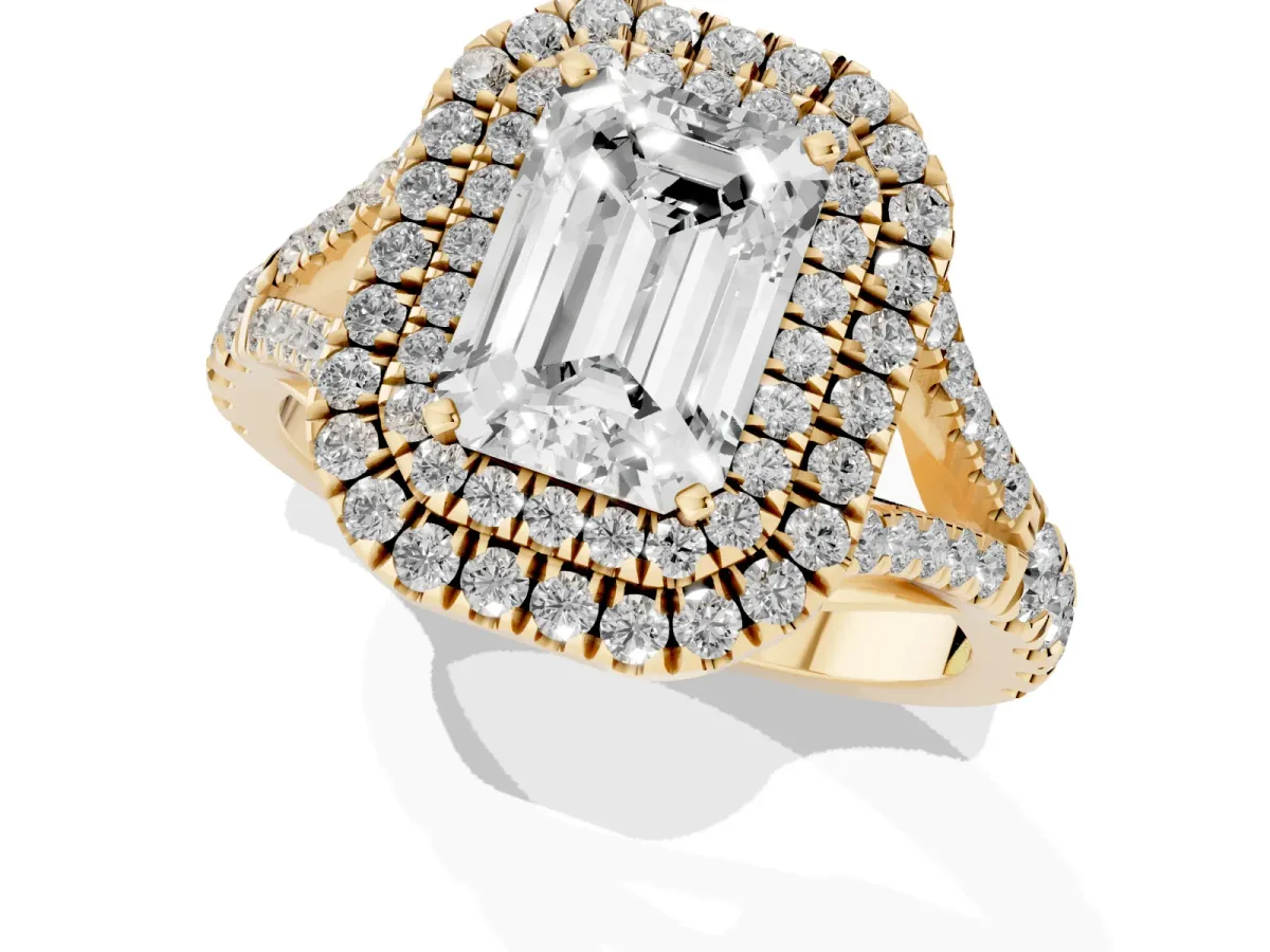 Emerald Cut Diamond Pavé Split Shank Double Halo Engagement Ring Yellow gold