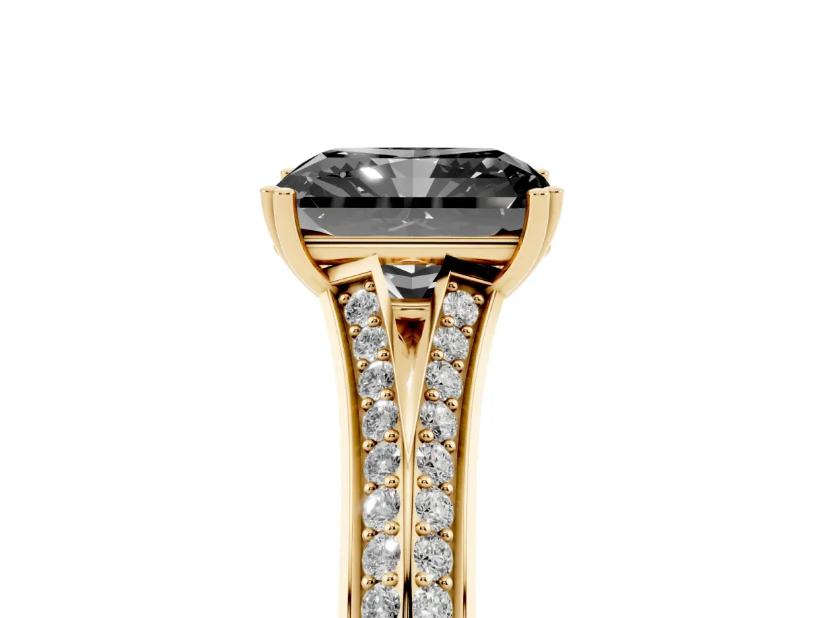 Fancy Black Radiant Cut Diamond Split Shank Engagement Ring with Pavé Band Yellow gold