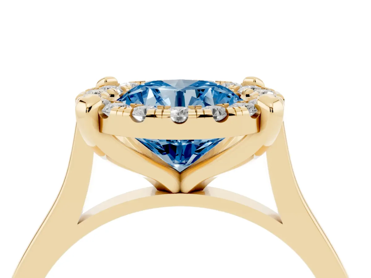 Fancy Blue Round Cut Diamond Cluster Halo Solitaire with Four-Prong Setting Yellow gold