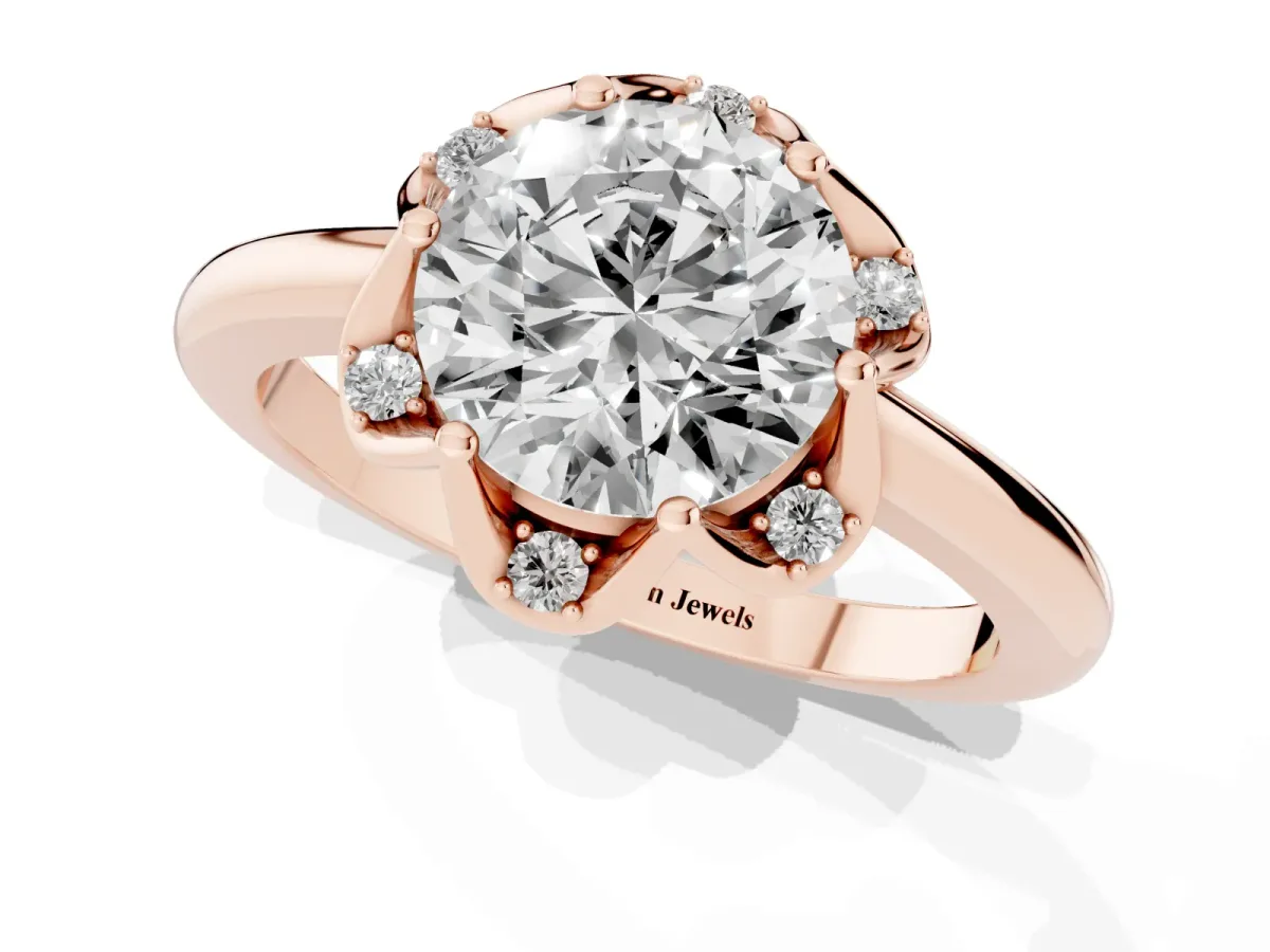 Round Cut Halo Diamond Ring with Round Cluster Setting, Solitaire Band, and Four-Prong Setting Rose gold