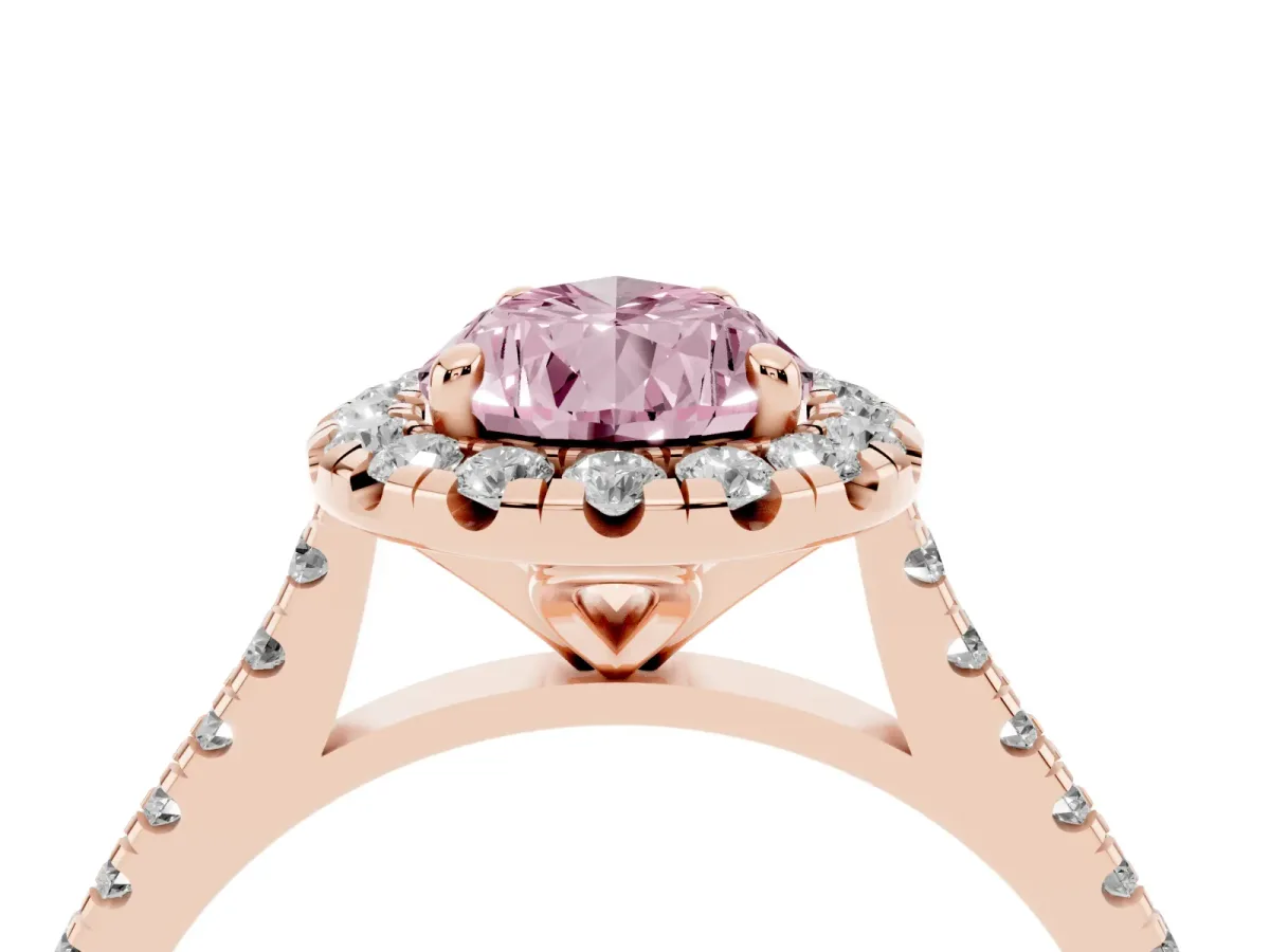 Fancy Pink Pear Cut Diamond Cushion Halo Ring with Pavé Band Rose gold