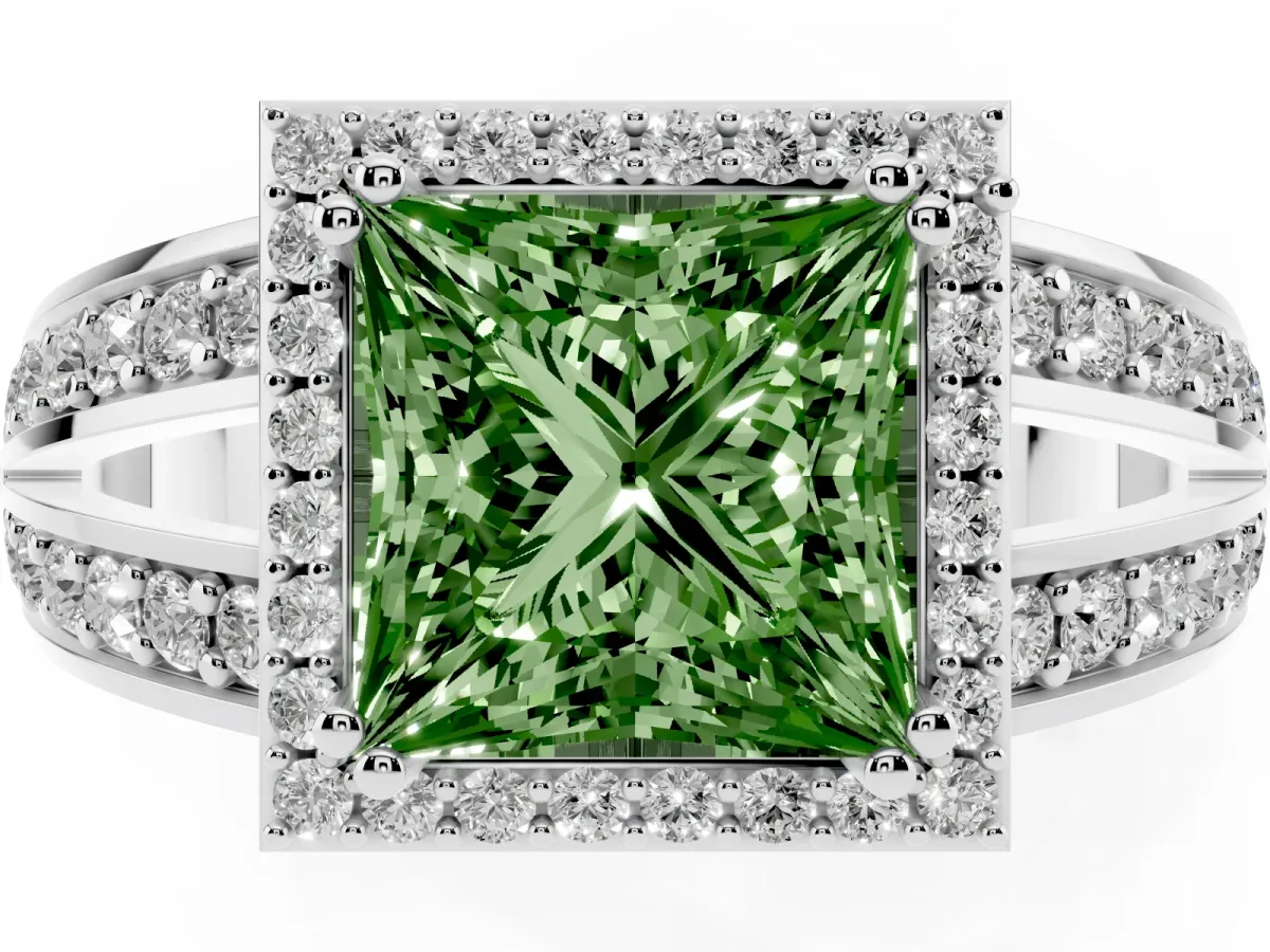 Fancy Green Princess Cut Diamond Halo Ring with Split Shank Pavé Band and Four-Prong Setting Platinum