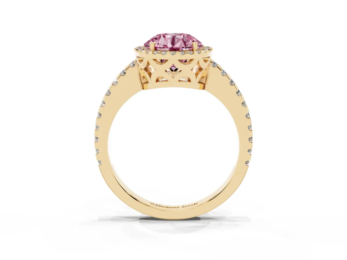 Fancy Pink Round Cut Diamond Halo Engagement Ring with Pavé Band and Prong Setting Yellow gold