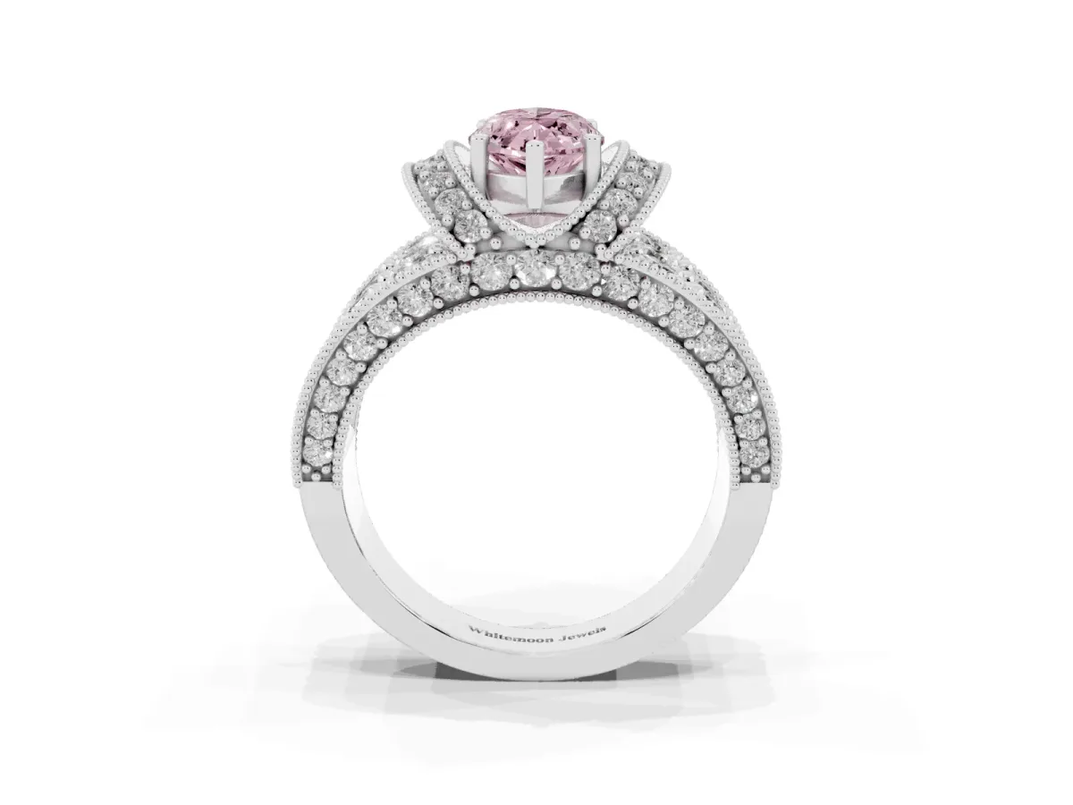 Fancy Pink Marquise Cut Halo Pave Diamond Engagement Ring with Milgrain Detailing Silver
