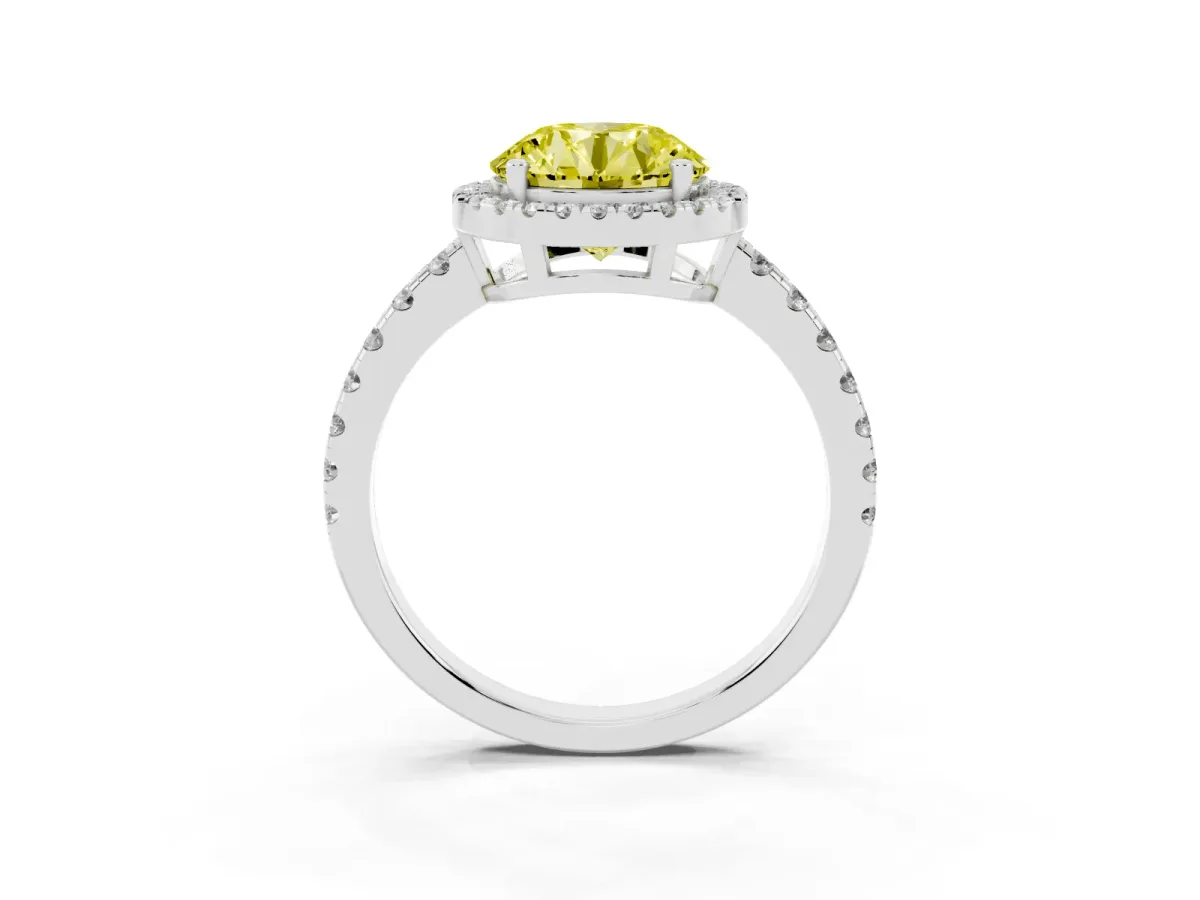 Fancy Yellow Round Cut Diamond Halo Ring with Pavé Band and Four-Prong Setting White gold