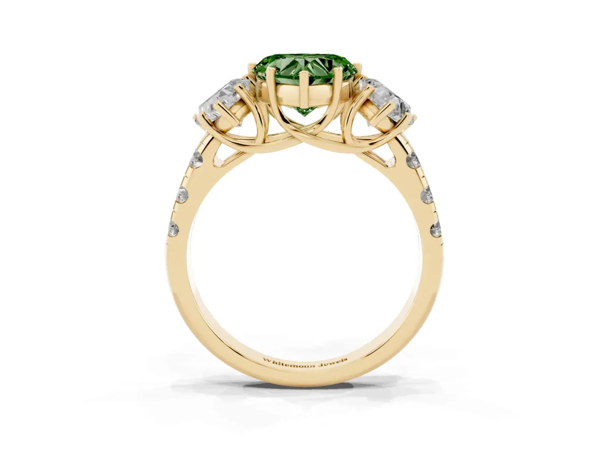 Fancy Green Three-Stone Heart Cut Diamond Pavé Band with Prong Setting Yellow gold