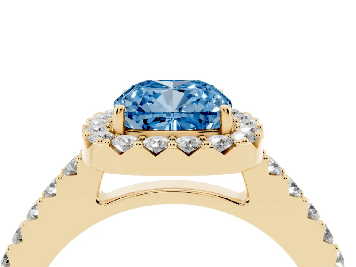 Fancy Blue Cushion Cut Halo Diamond Pavé Solitaire Ring Yellow gold