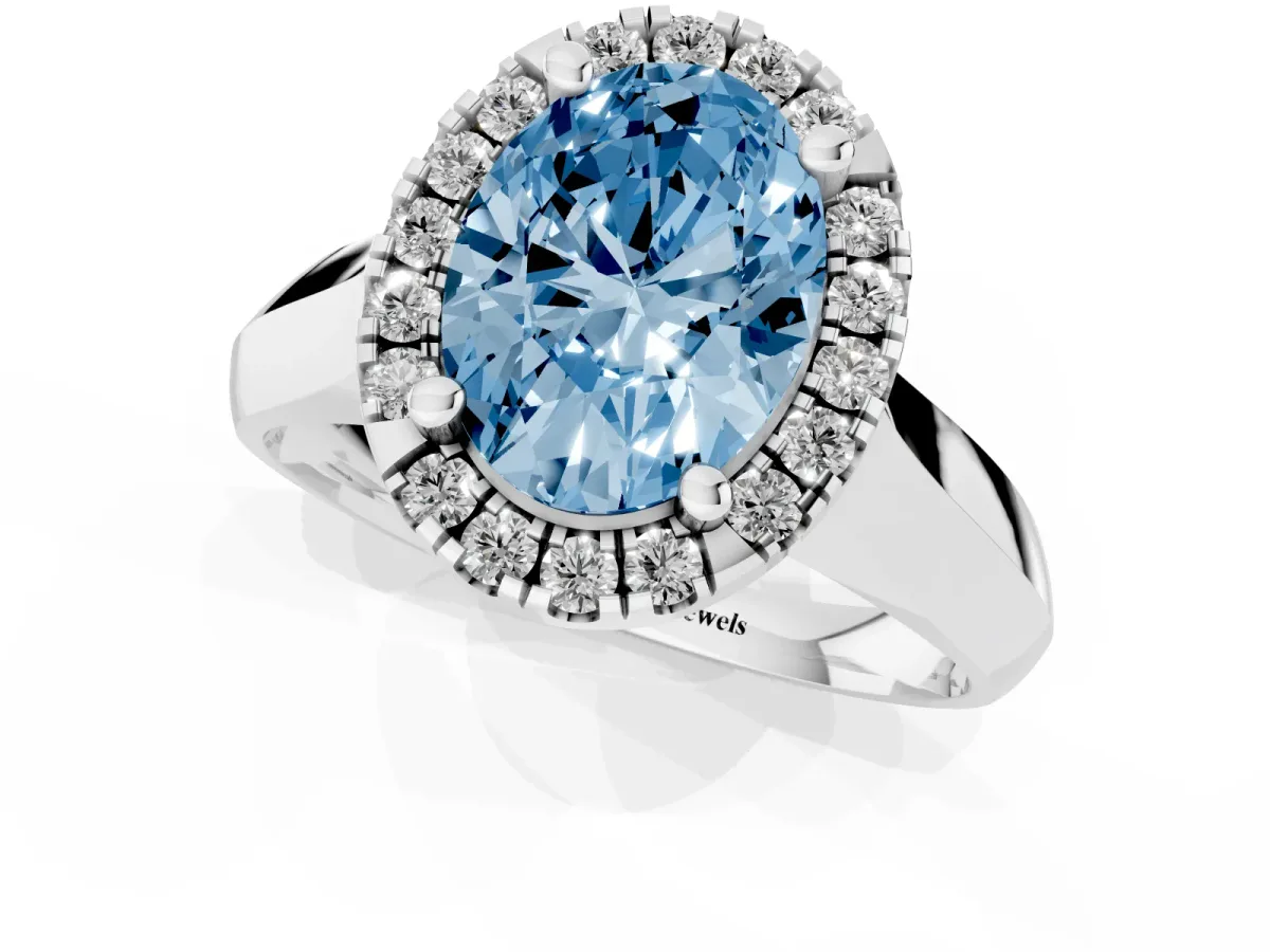 Fancy Blue Oval Cut Cut Halo Solitaire Engagement Ring with Square Band and Four-Prong Setting Silver