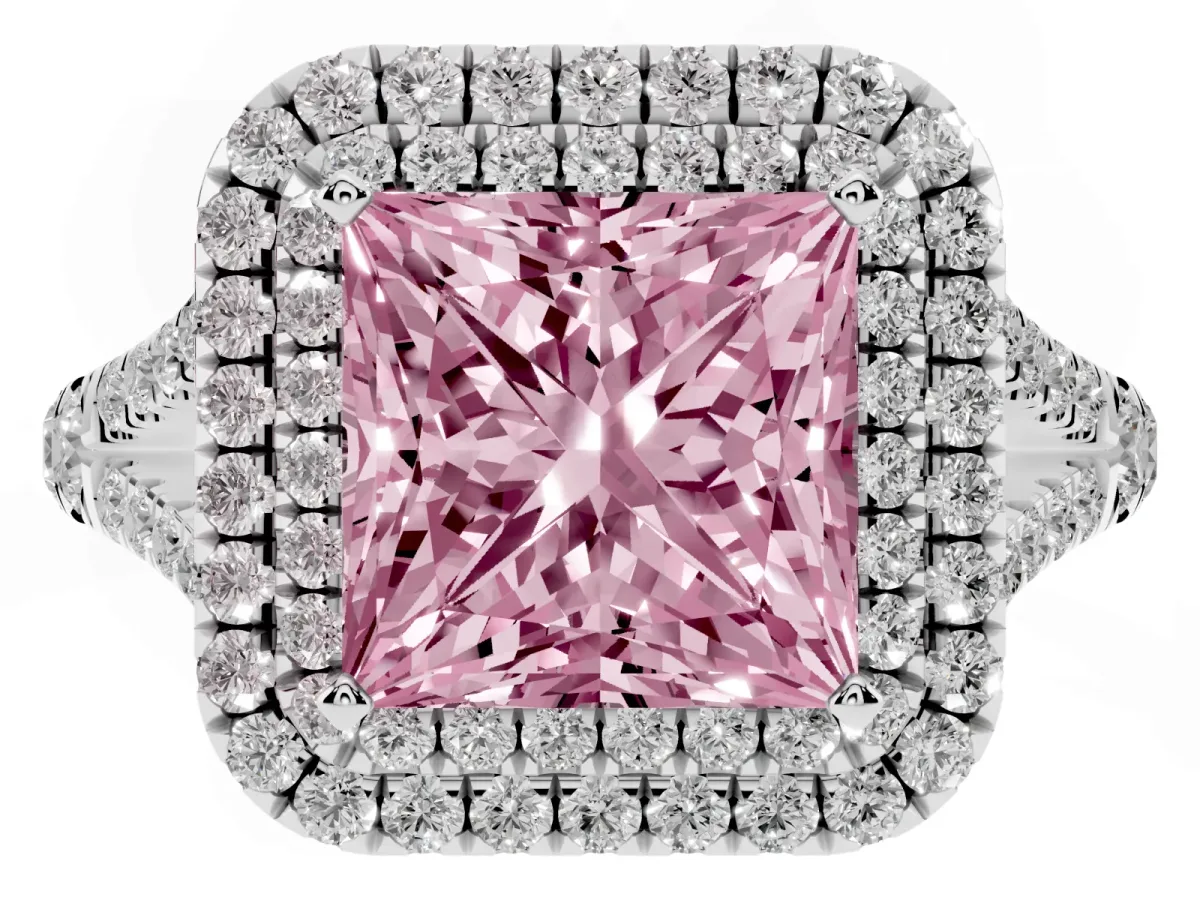 Fancy Pink Double Halo Princess Cut Diamond Split Shank Engagement Ring with Four-Prong Setting Silver