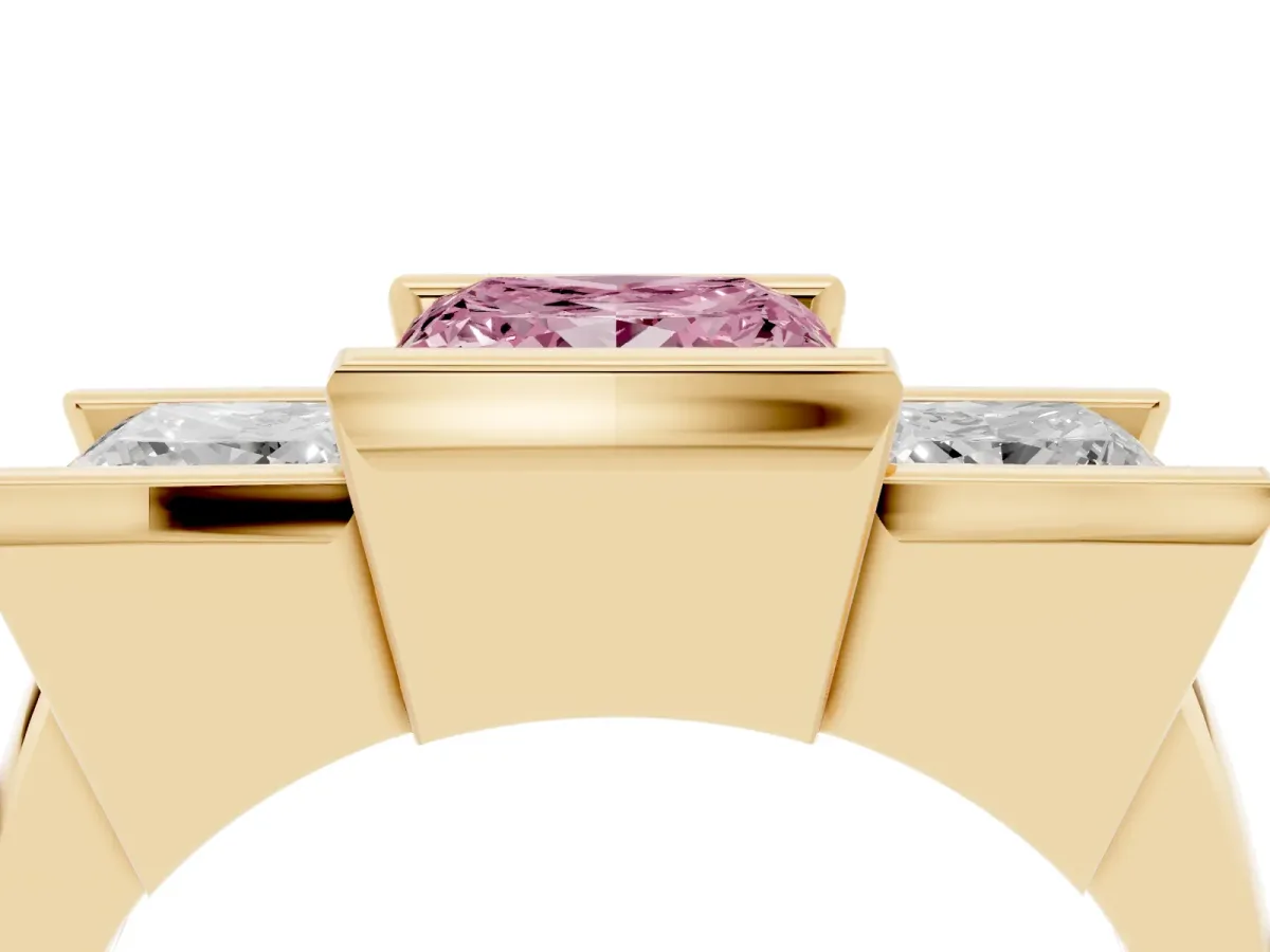 Fancy Pink Three Stone Princess Cut Cut Channel Set Diamond Ring Yellow gold