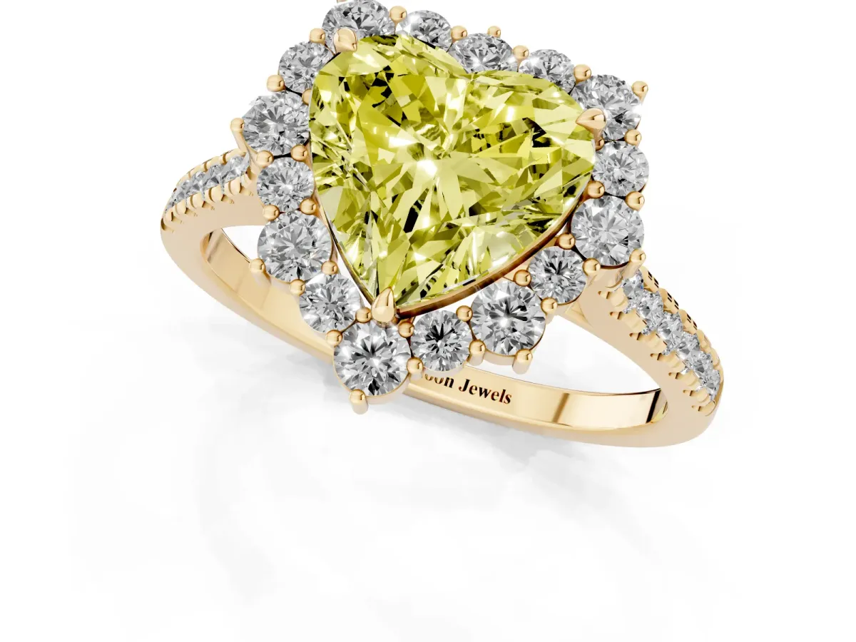 Fancy Yellow Heart Cut Halo Diamond Ring with Pavé Band and Prong Setting Yellow gold