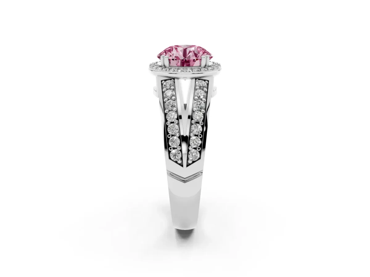 Fancy Pink Round Cut Diamond Halo Ring with Split Shank Pavé Band and Four-Prong Setting Platinum