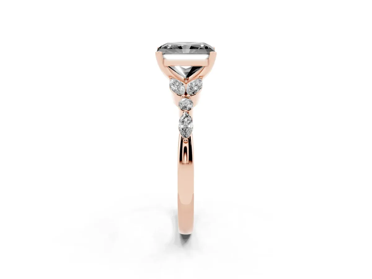 Fancy Black Radiant Cut Diamond Solitaire Ring with Side Stones and Four-Prong Setting Rose gold